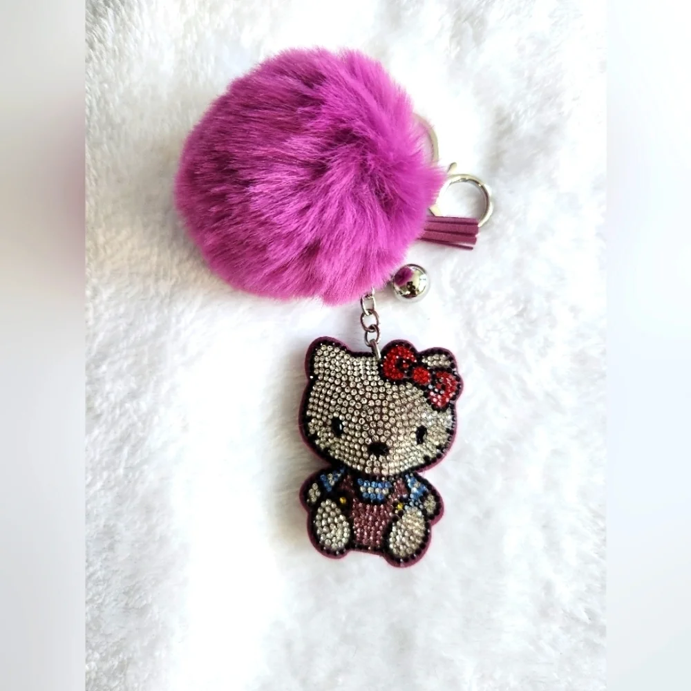 Hello Kitty Purple Pom Pom Keychain with Sparkling Rhinestones Bag Charm
